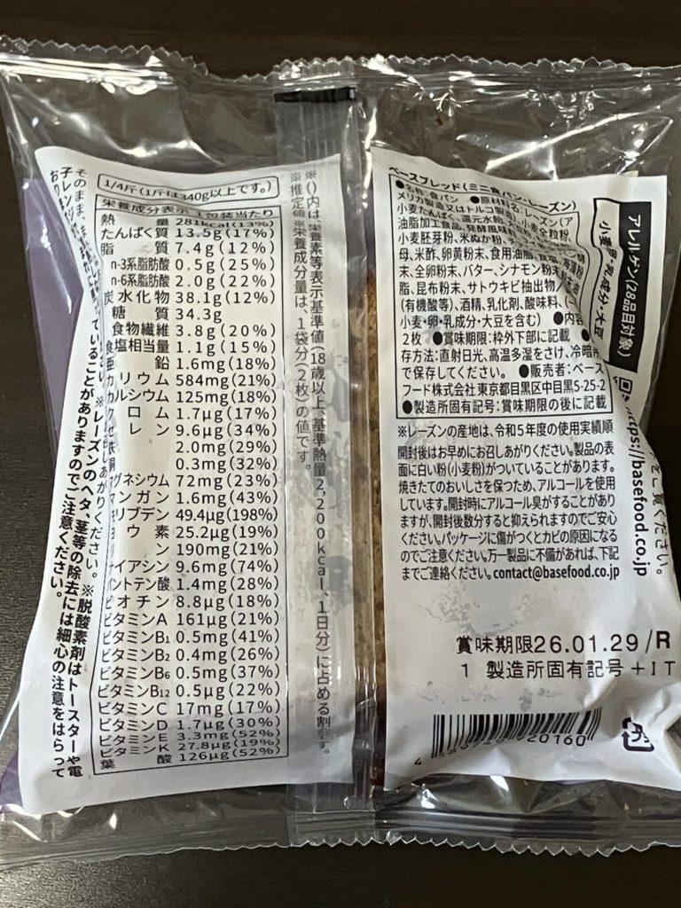 ミニ食パン・レーズンの裏面画像