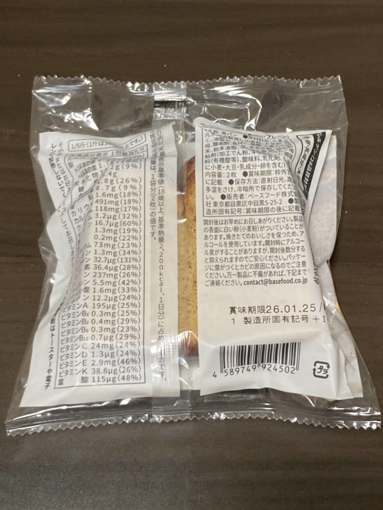ミニ食パン・プレーンの栄養表示画像