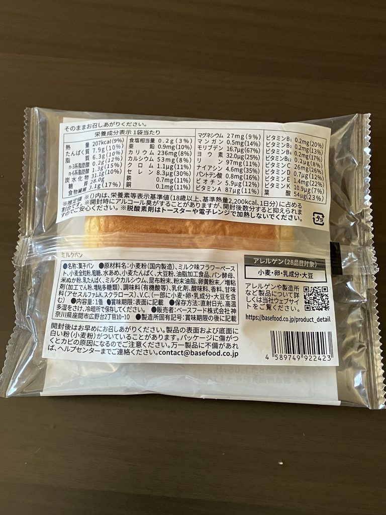 ミルクパンの栄養表示画像